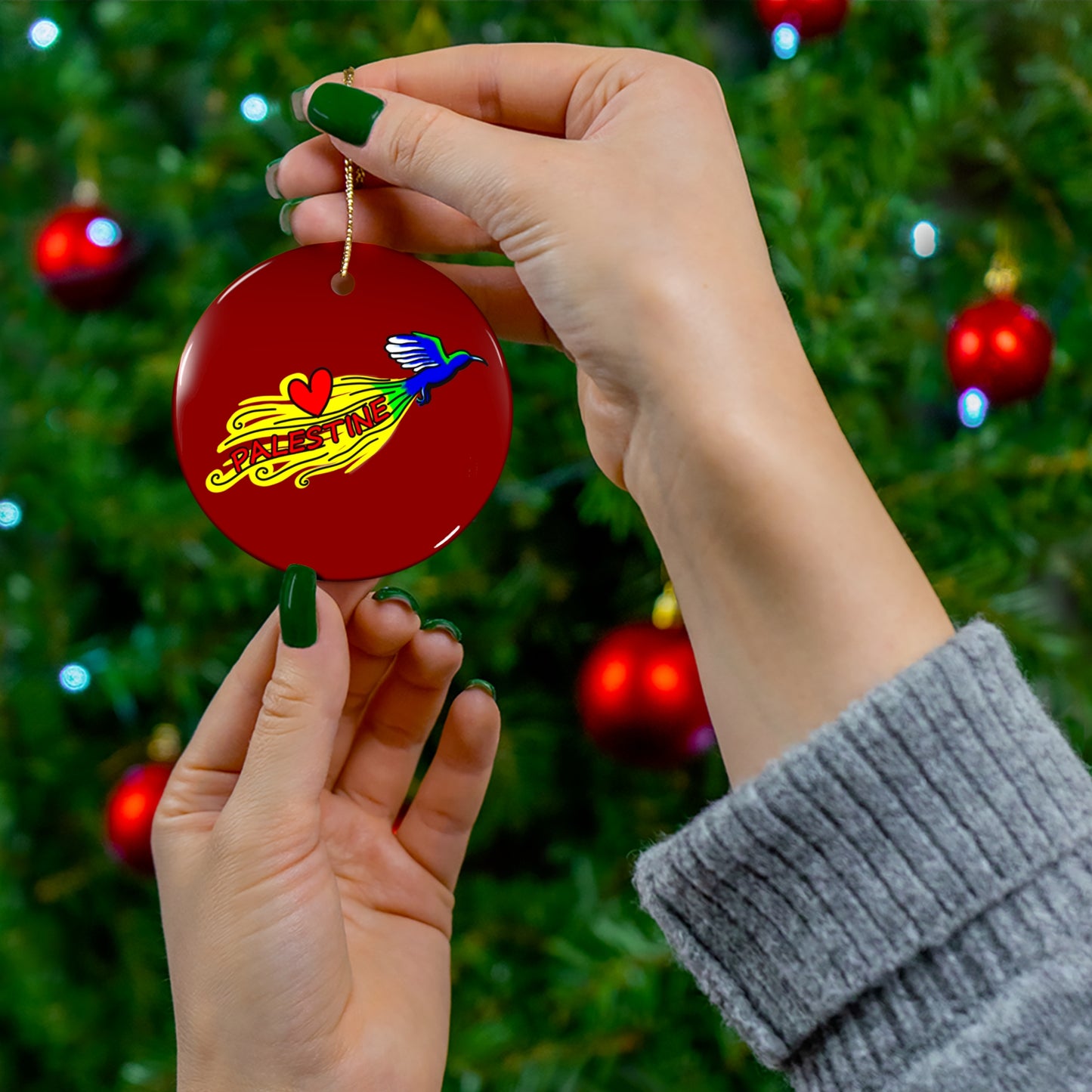 Ceramic Ornament, Circle - Love Palestine (Cranberry Red)