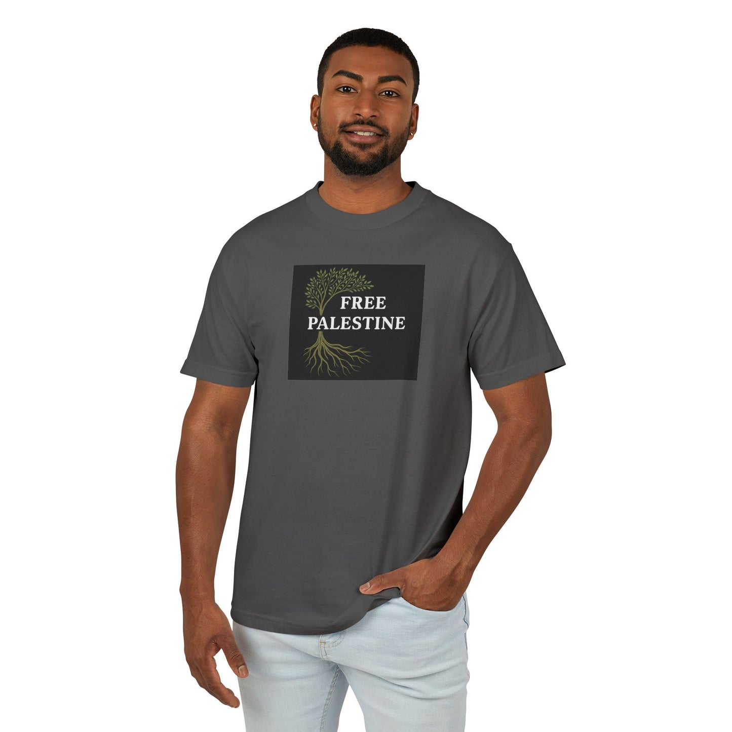 Unisex Heavyweight Cotton Tee - Free Palestine (Olive Tree Roots Edition)