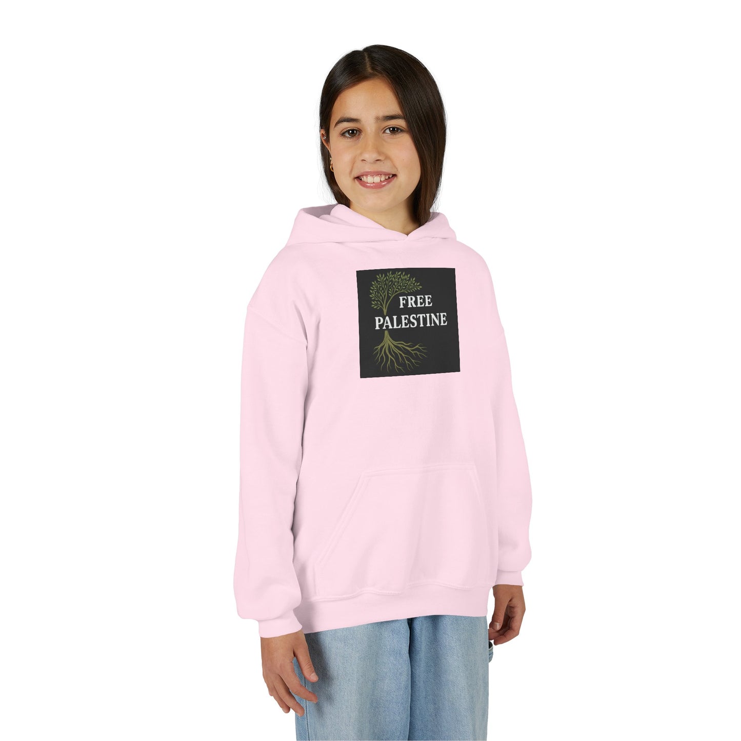 Youth Heavy Blend Hooded Sweatshirt - Free Palestine (Olive Tree Roots Edition)