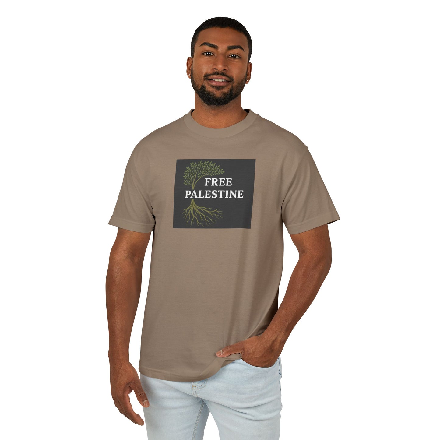 Unisex Heavyweight Cotton Tee - Free Palestine (Olive Tree Roots Edition)
