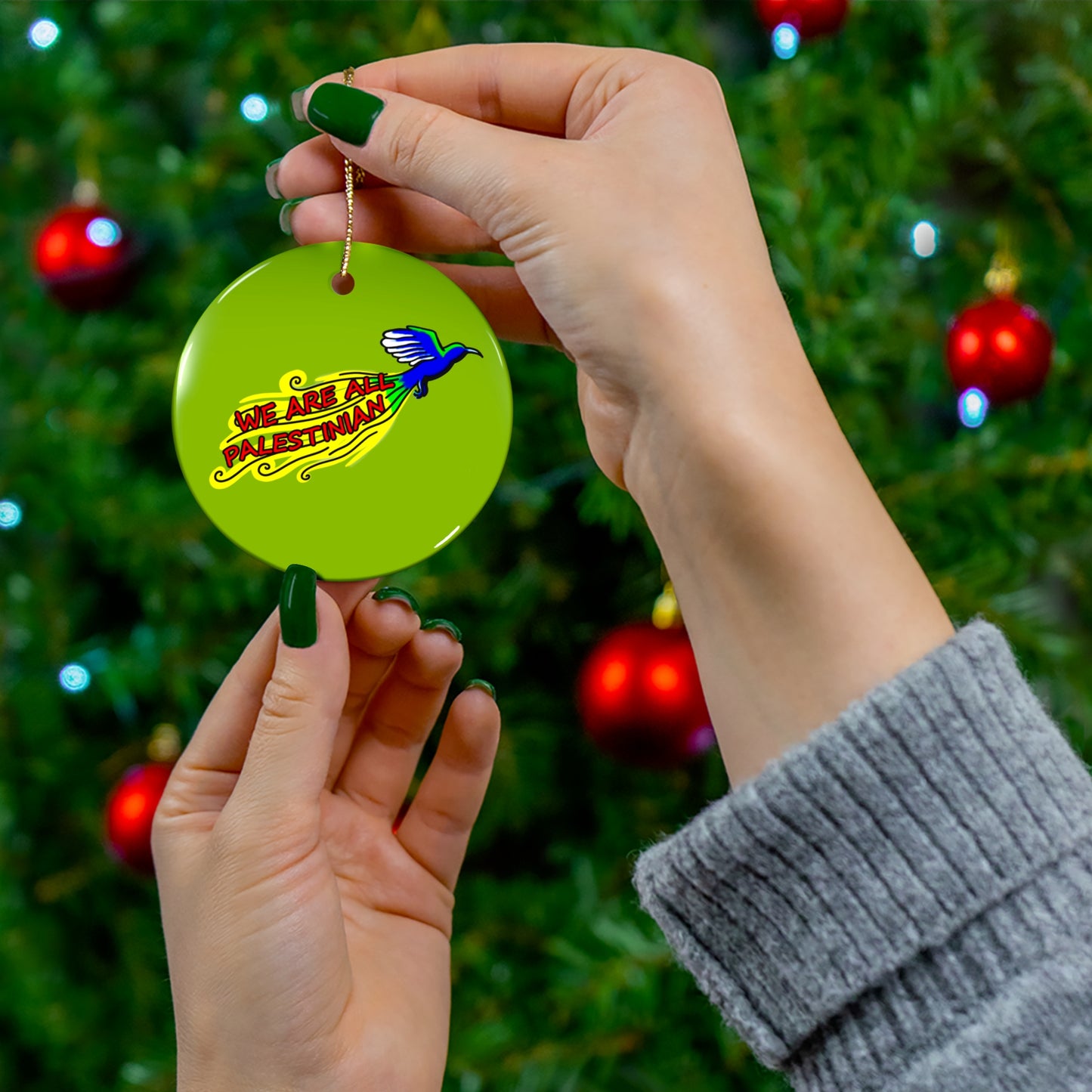 Ceramic Ornament, Circle - We are all Palestinian (Light Green)
