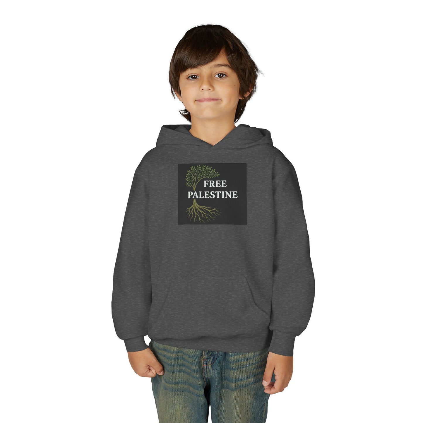 Youth Heavy Blend Hooded Sweatshirt - Free Palestine (Olive Tree Roots Edition)