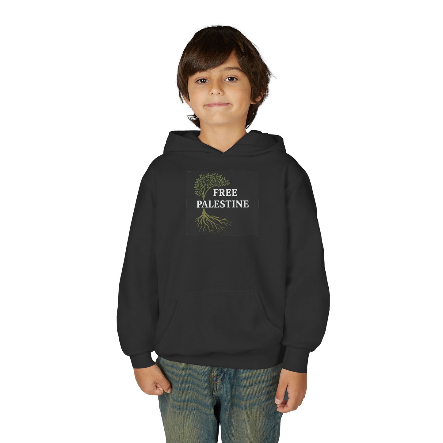 Youth Heavy Blend Hooded Sweatshirt - Free Palestine (Olive Tree Roots Edition)