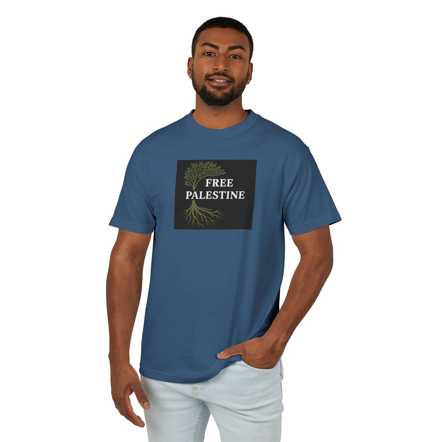 Unisex Heavyweight Cotton Tee - Free Palestine (Olive Tree Roots Edition)