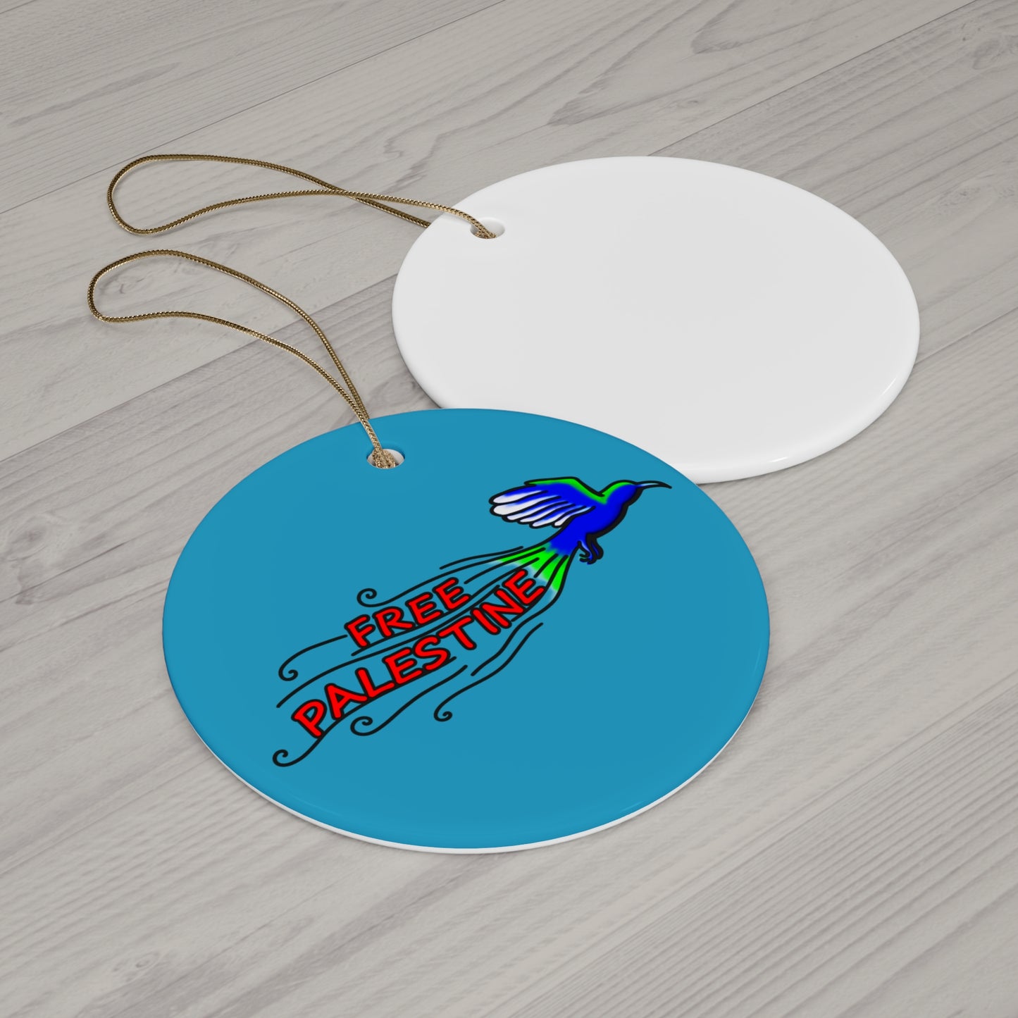 Ceramic Ornament, Circle - Free Palestine (Turquoise)