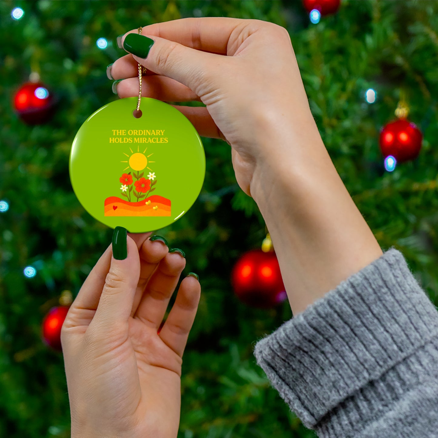 Ceramic Ornament, Circle - The Ordinary Holds Miracles (Light Green)