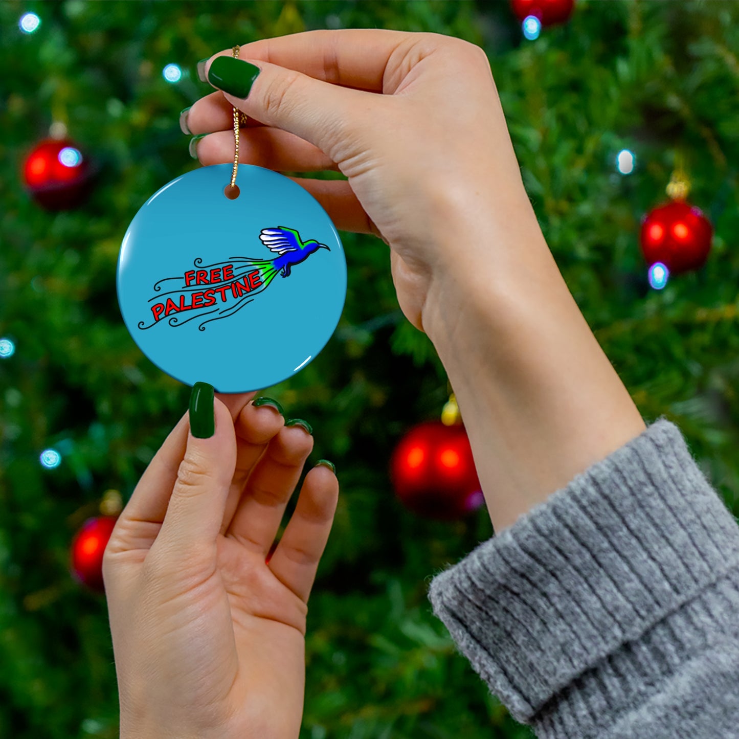 Ceramic Ornament, Circle - Free Palestine (Turquoise)