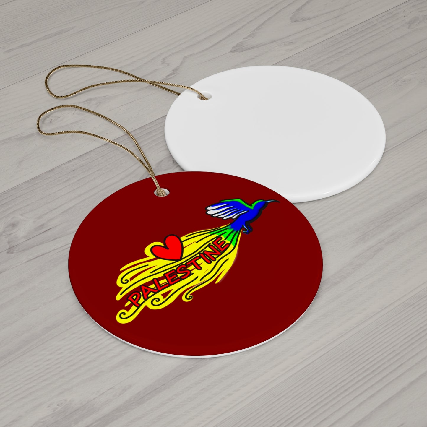 Ceramic Ornament, Circle - Love Palestine (Cranberry Red)