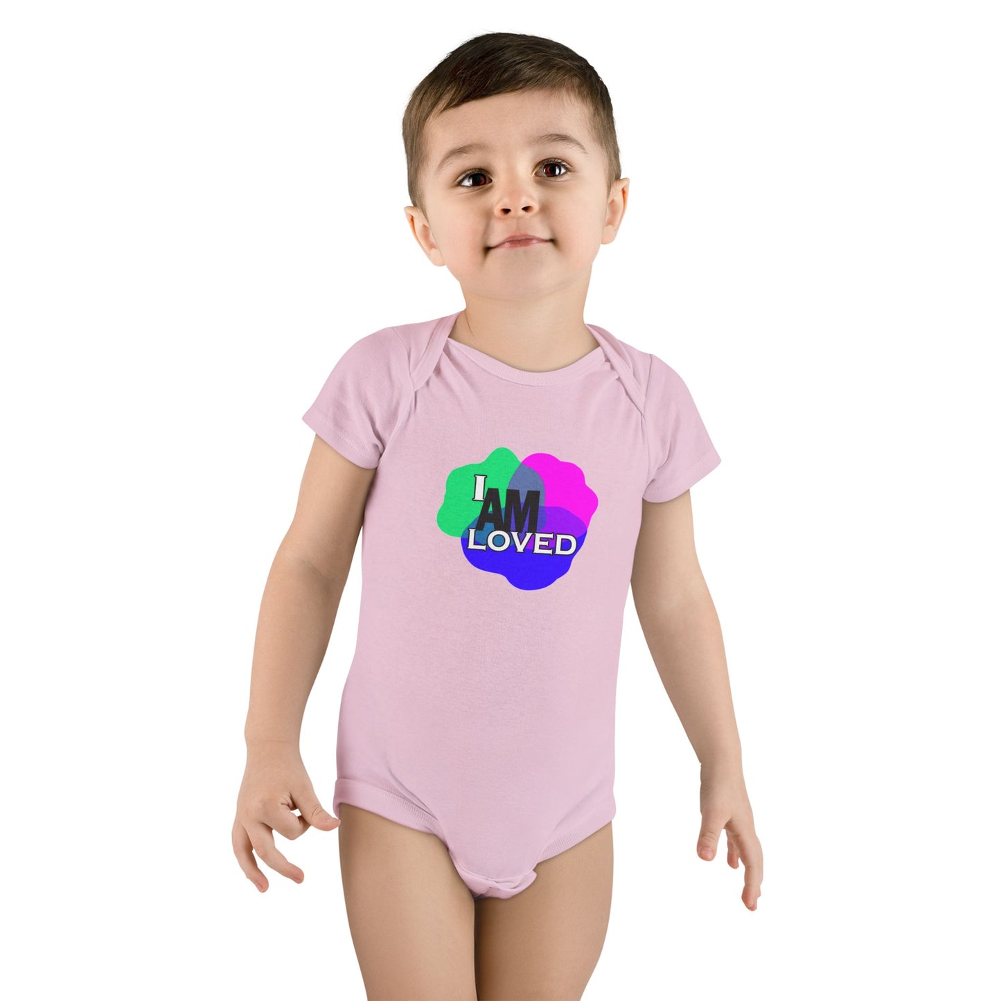 Baby Short Sleeve Onesie® - "I Am Loved" (Multicolor with pink)