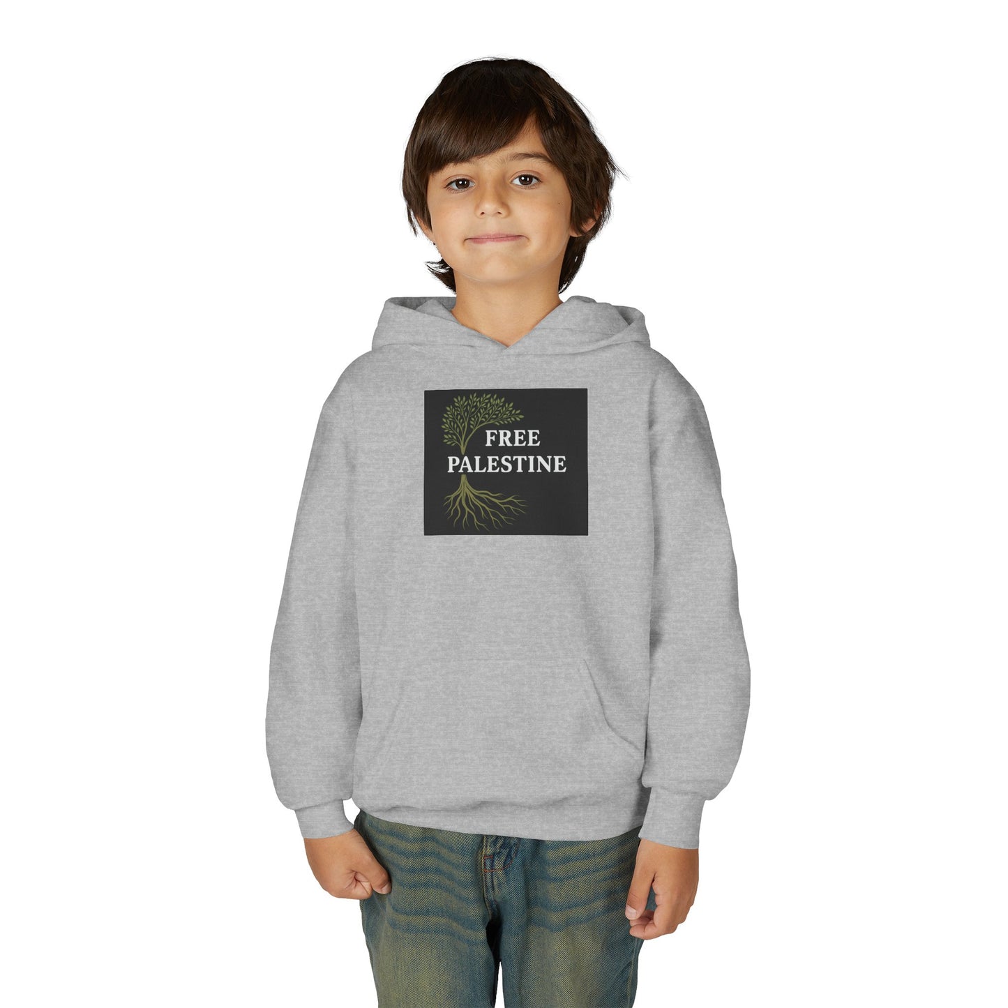 Youth Heavy Blend Hooded Sweatshirt - Free Palestine (Olive Tree Roots Edition)