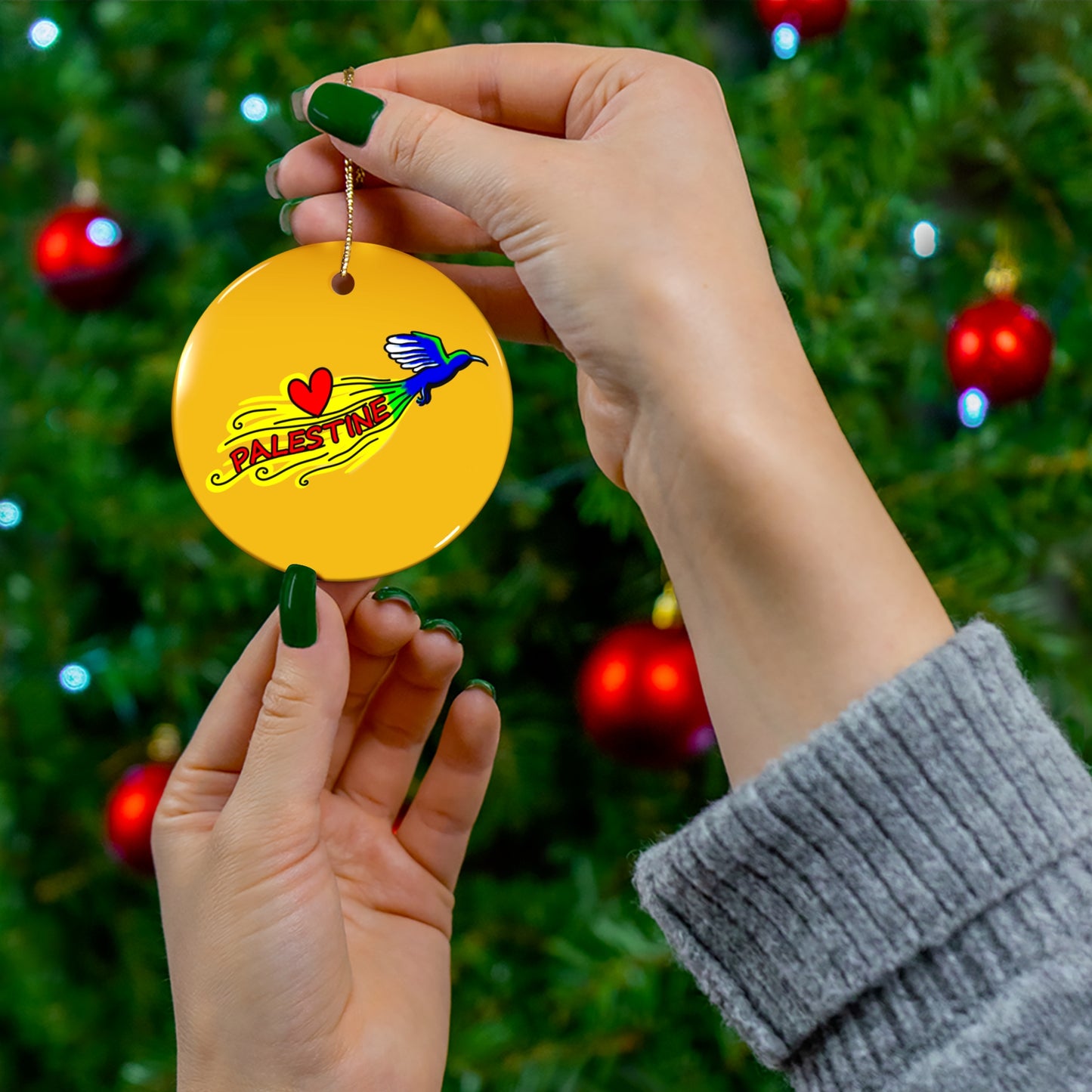 Ceramic Ornament, Circle - Love Palestine (Gold)