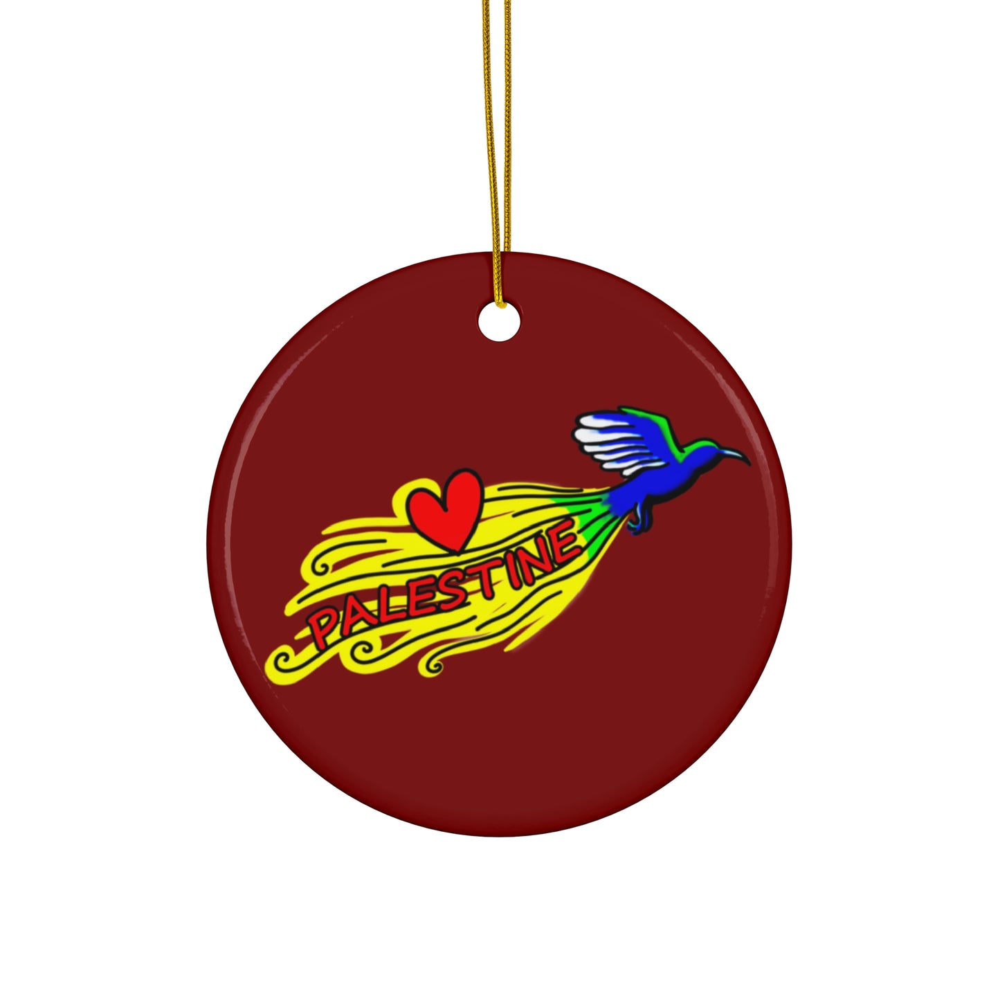 Ceramic Ornament, Circle - Love Palestine (Cranberry Red)