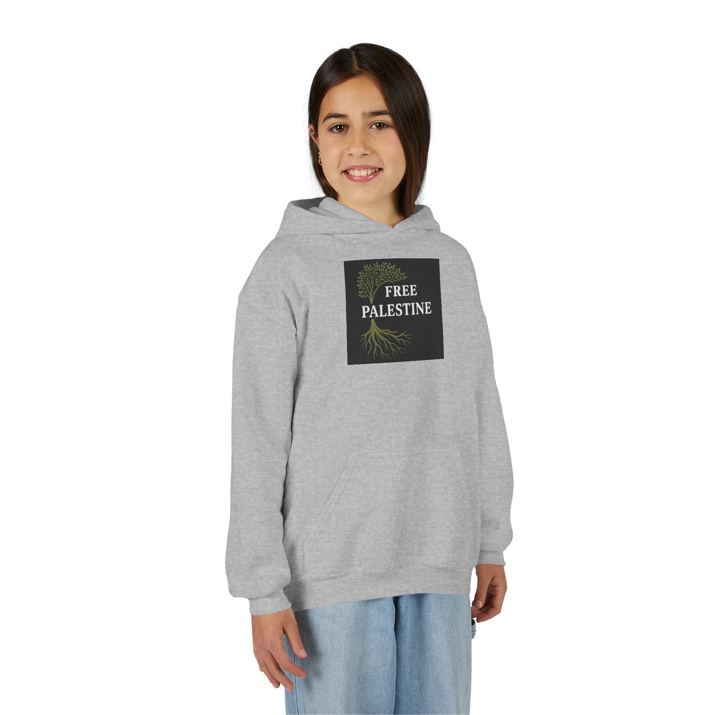 Youth Heavy Blend Hooded Sweatshirt - Free Palestine (Olive Tree Roots Edition)