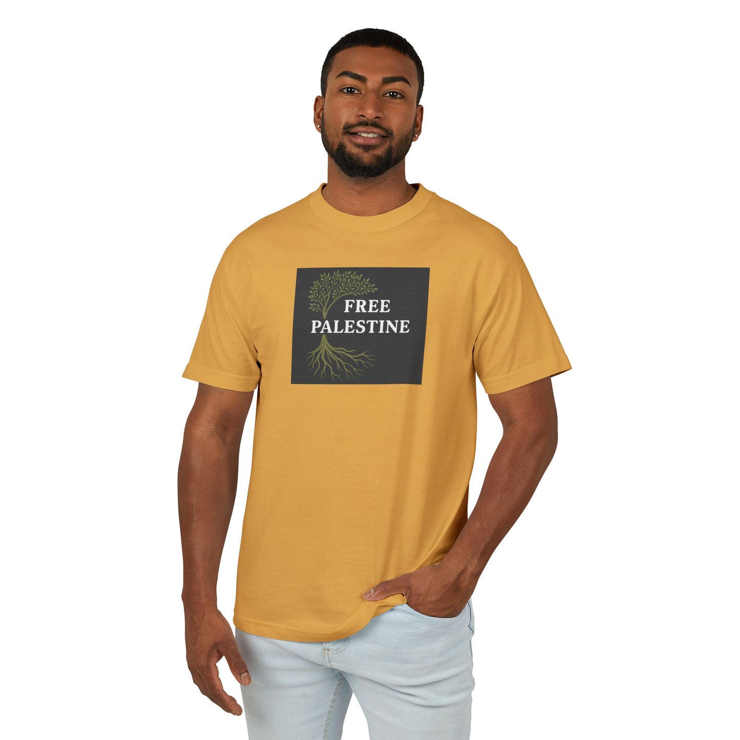 Unisex Heavyweight Cotton Tee - Free Palestine (Olive Tree Roots Edition)
