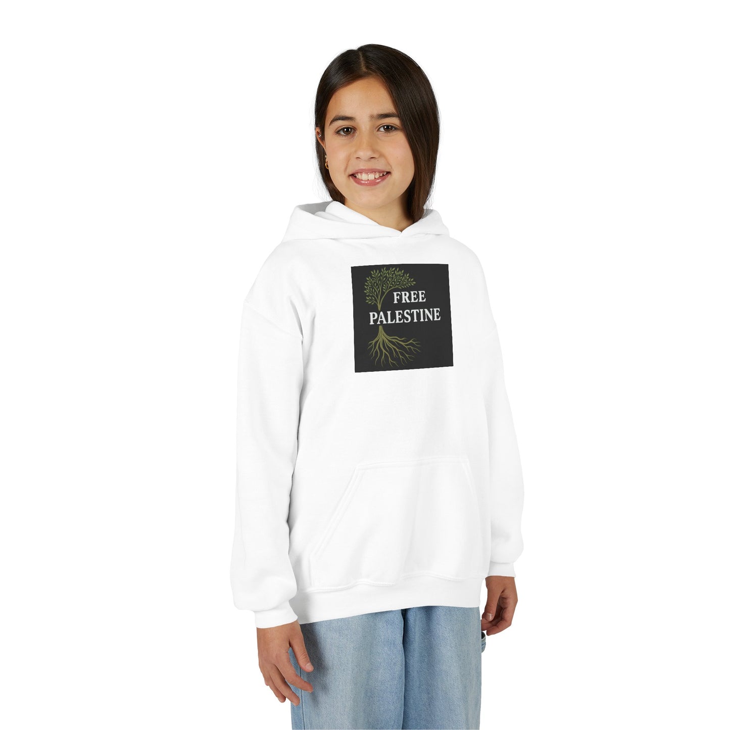 Youth Heavy Blend Hooded Sweatshirt - Free Palestine (Olive Tree Roots Edition)