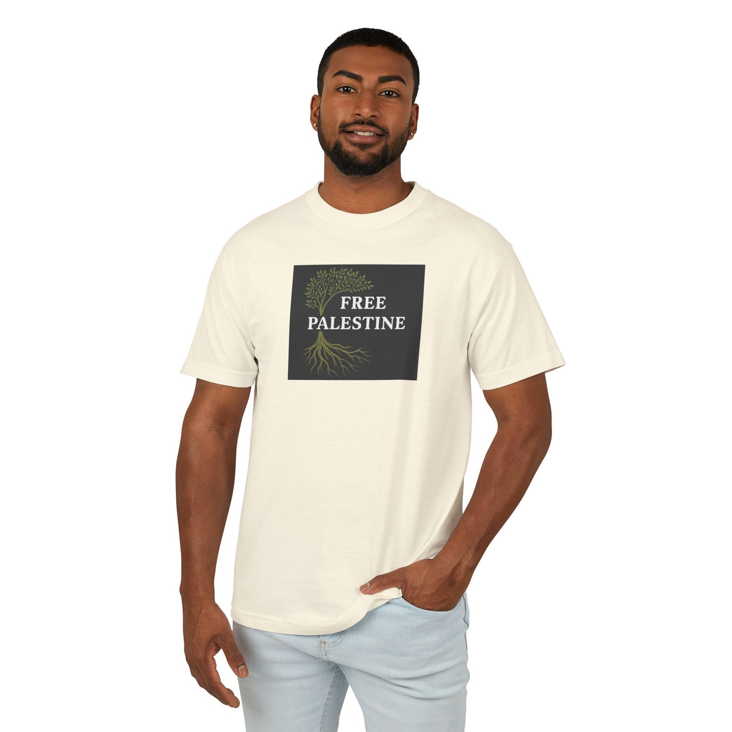 Unisex Heavyweight Cotton Tee - Free Palestine (Olive Tree Roots Edition)