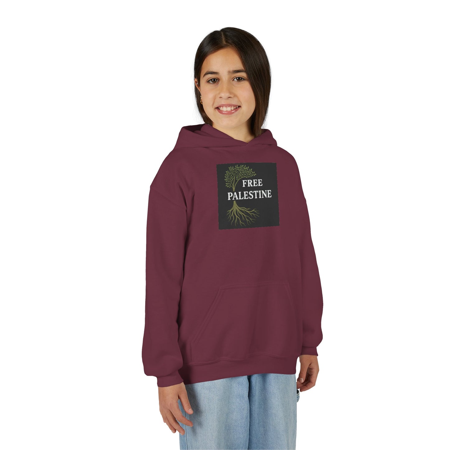 Youth Heavy Blend Hooded Sweatshirt - Free Palestine (Olive Tree Roots Edition)