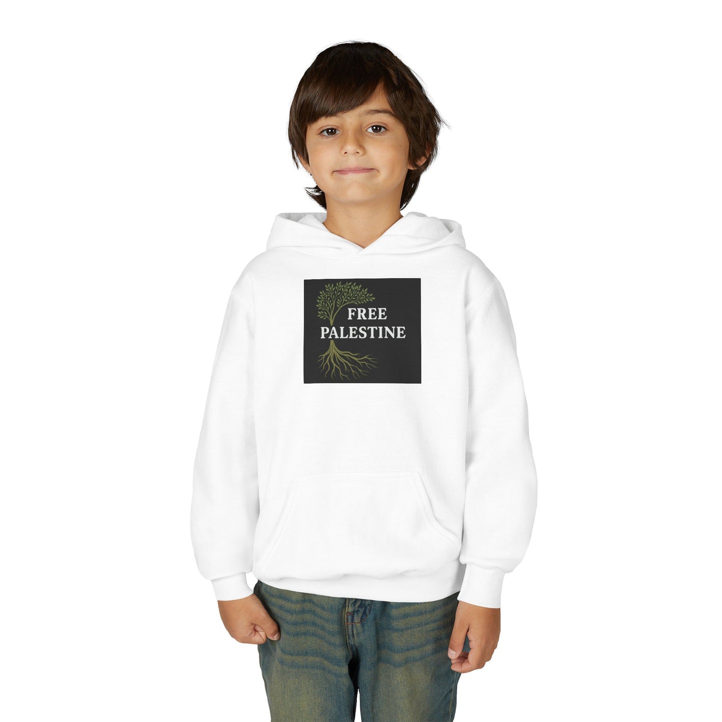 Youth Heavy Blend Hooded Sweatshirt - Free Palestine (Olive Tree Roots Edition)