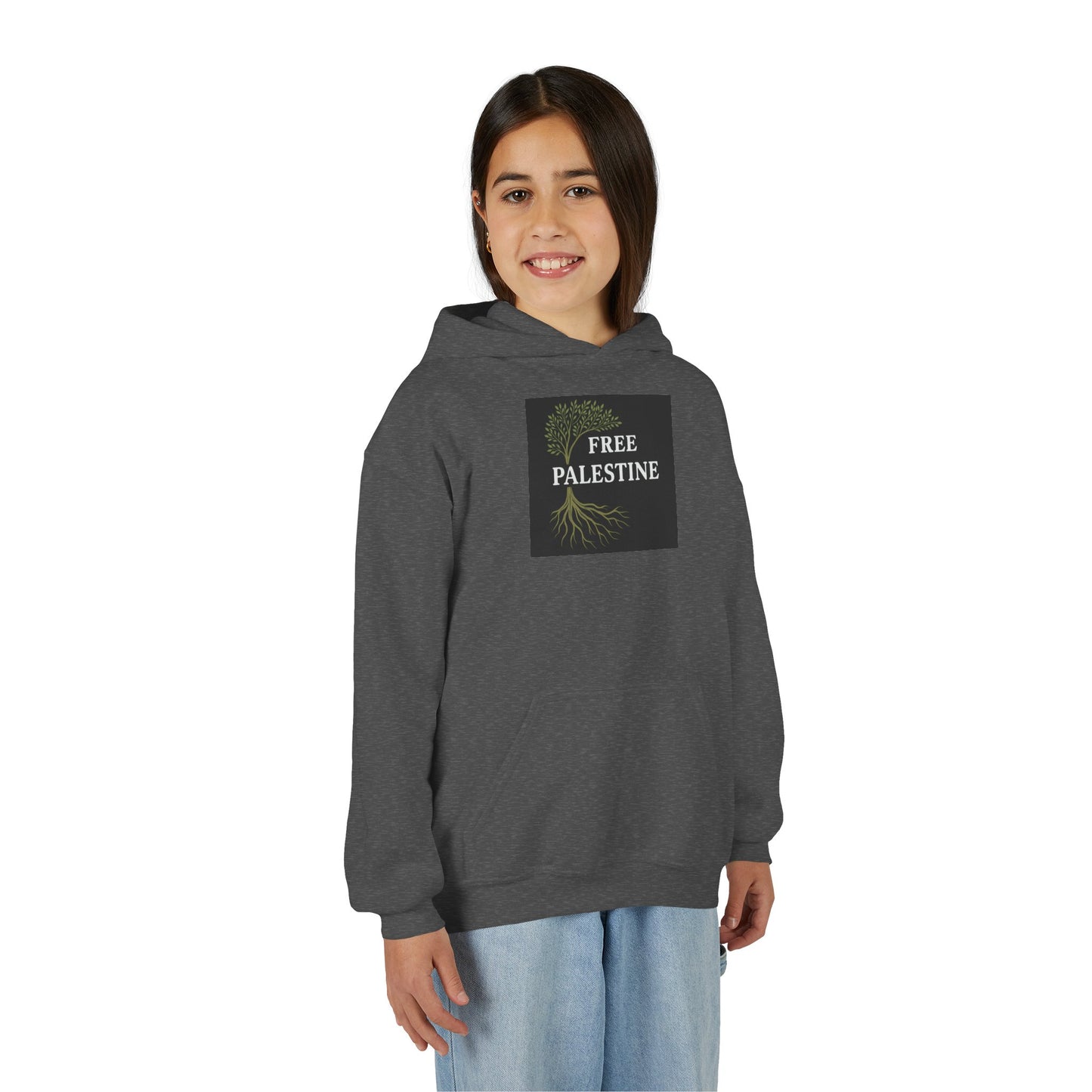 Youth Heavy Blend Hooded Sweatshirt - Free Palestine (Olive Tree Roots Edition)
