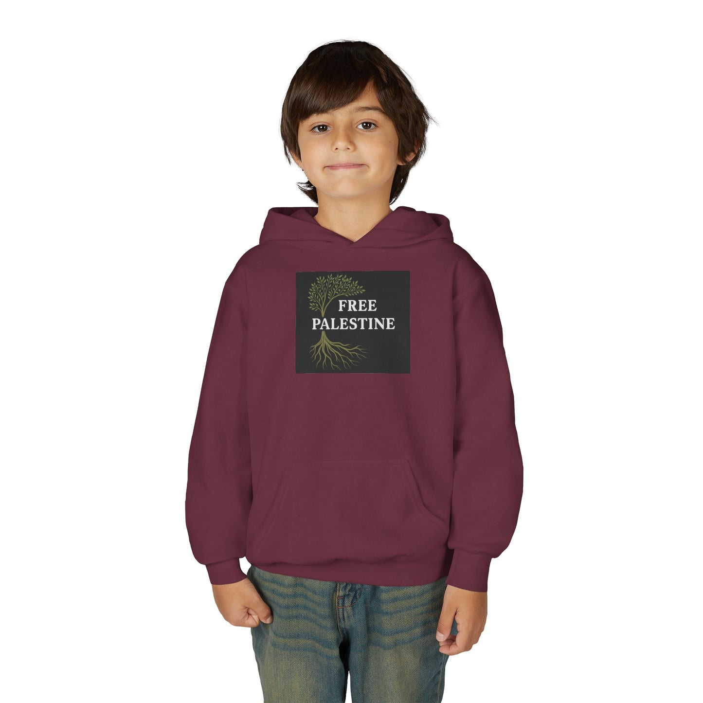 Youth Heavy Blend Hooded Sweatshirt - Free Palestine (Olive Tree Roots Edition)